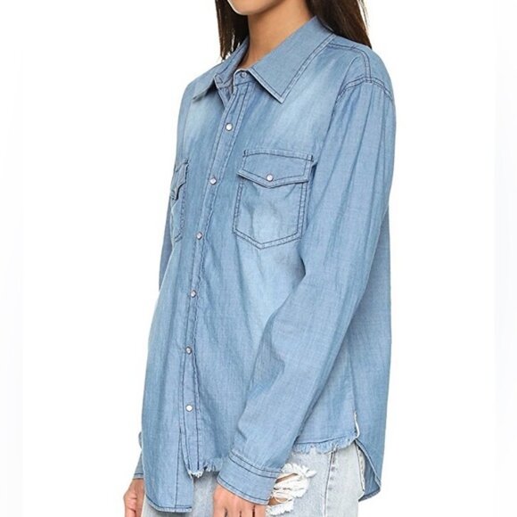 Free People One Teaspoon Chambray Denim Button Down Shirt Jean Frayed Blue XXS - Picture 5 of 16